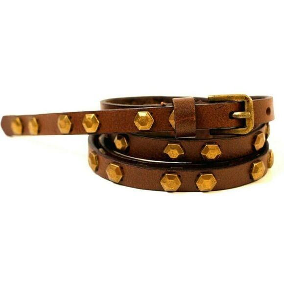 BROWN GENUINE LEATHER 1/2"Wd BRASS STUDDED DRESS SKINNY BELT Sz L (X29 - Picture 1 of 9